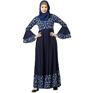 Printed frilled abaya- Navy Blue Printed frilled abaya- Navy Blue